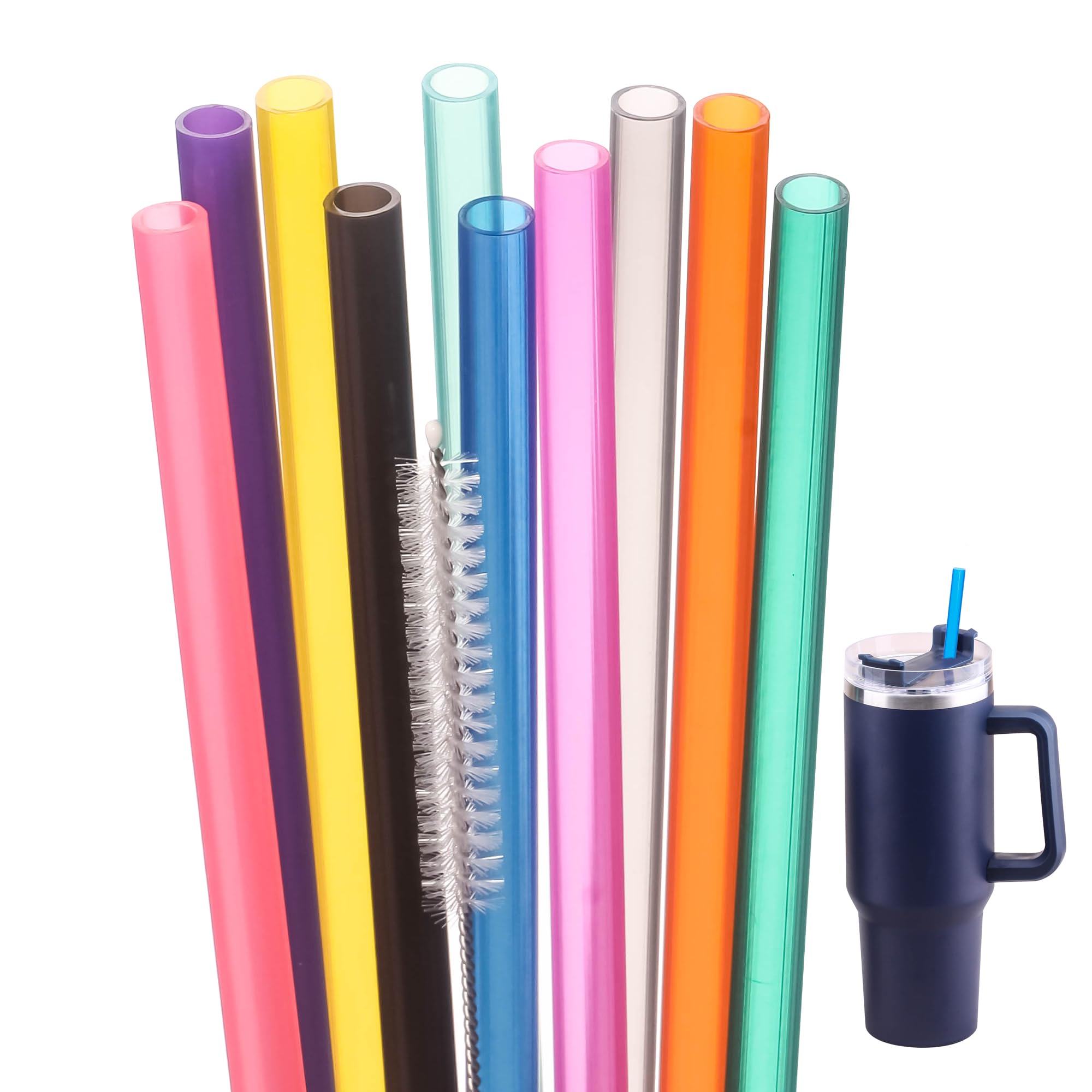 15 Inch 10 Color Replacement Reusable Drinking Straw for Stanley 128 oz 100 oz 64 oz Tumbler,Dishwasher Safe Straws for Stanley Cup Accessories,Set of 10 with Cleaning Brush