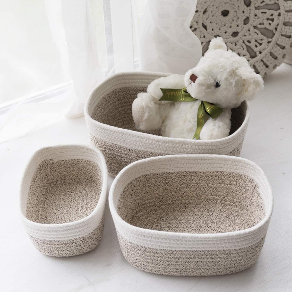 iplusmile 3 piezas Cestas de Almacenamiento de Algodón Trenzado Juego de Organizador de Escritorio para Decorar y Almacenar Objetos Pequeños Casa o