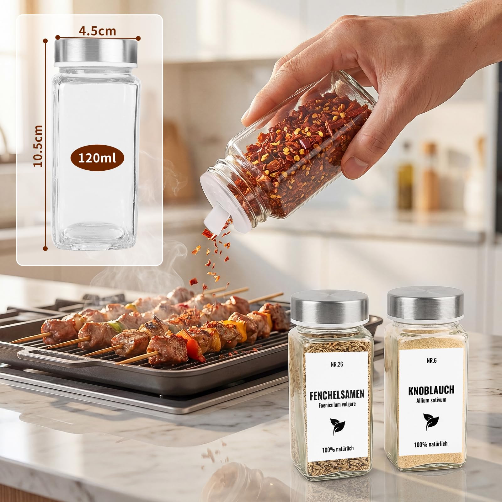 24 Pièces Pot Epices Verre Carré 120ml Bocaux à Épices avec Couvercle en Acier Inoxydable, Rangement pour Epices de Cuisine, Convient pour Le Camping (Blanc argenté)