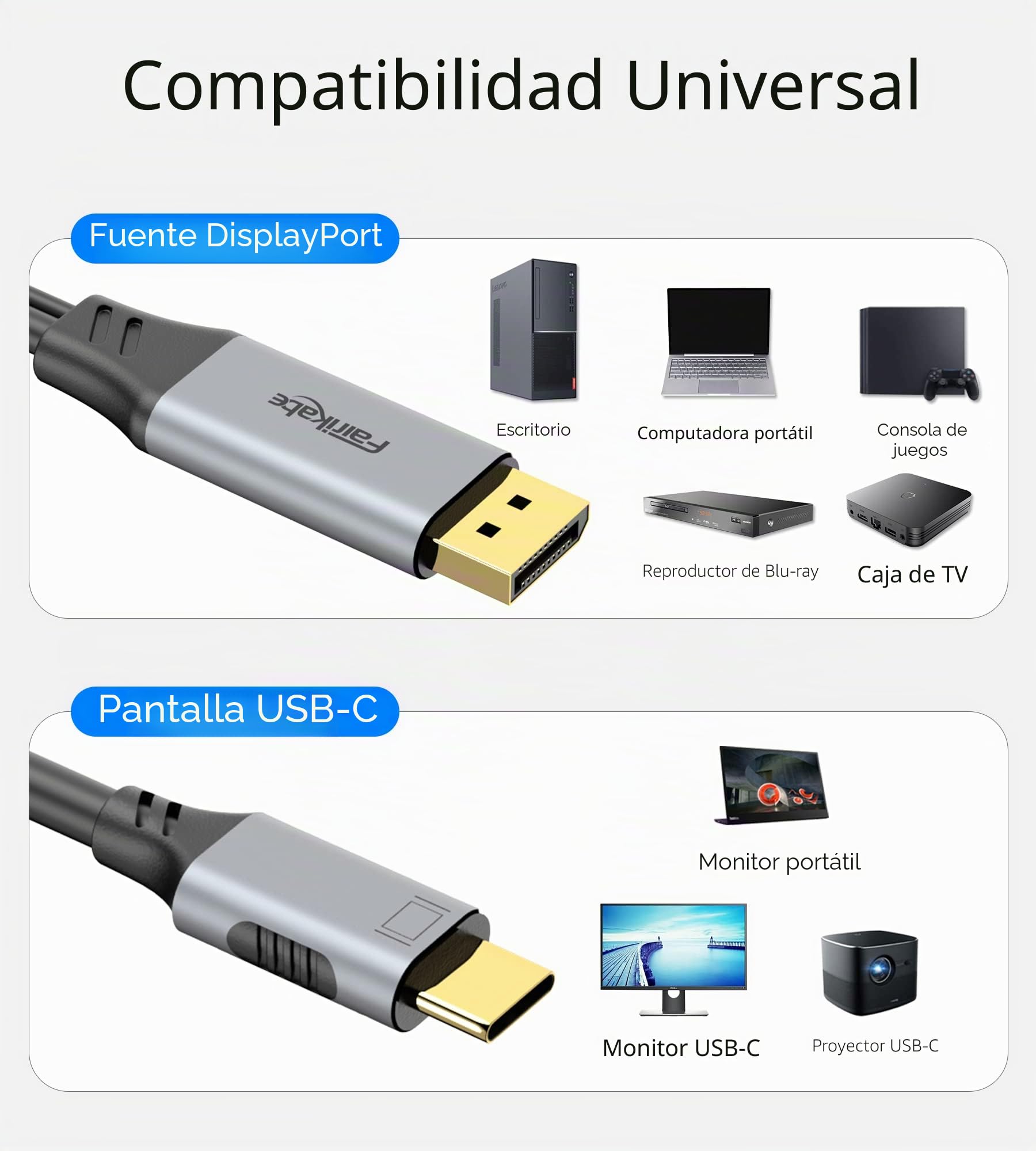 fairikabe DisplayPort a USB-C 4K60Hz, fuente unidireccional DP a USB-C (macho a macho), compatible con monitor portátil táctil, MacBook Pro/Air y iMac