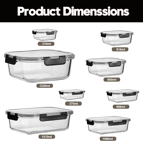 Miniatura 2 de Wells Contenedores de vidrio para preparación de comidas, paquete de 8 recipientes de vidrio para alimentos con tapas herméticas de bloqueo para