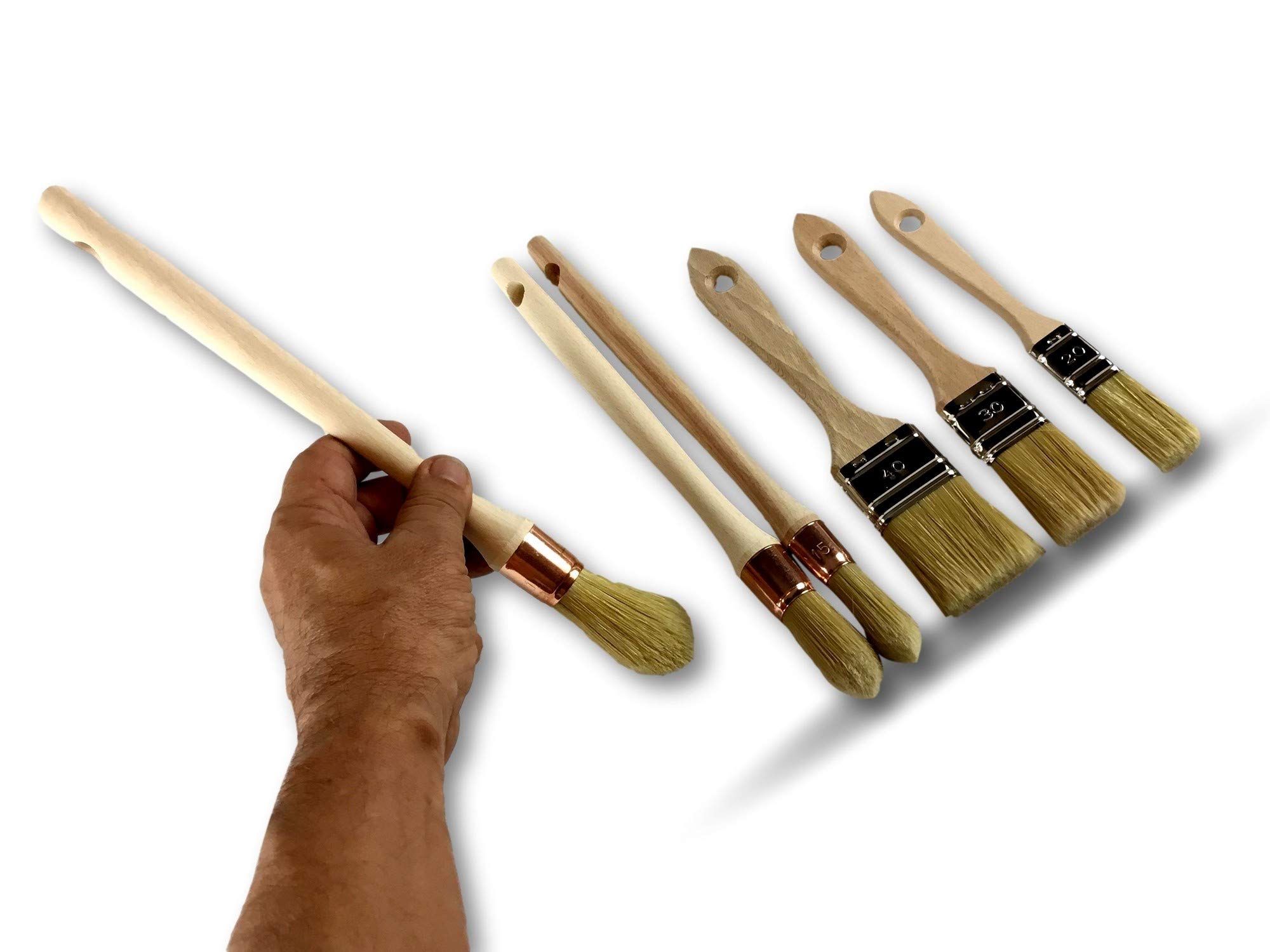 Juego de 6 pinceles de fabricación francesa | Material profesional | 3 platos para barnizar: 20-30 - 40 mm | 3 pulgadas para rechampir 15-18 - 21 mm | Cerdas de seda blanca | Kibros LOT371323_Pro