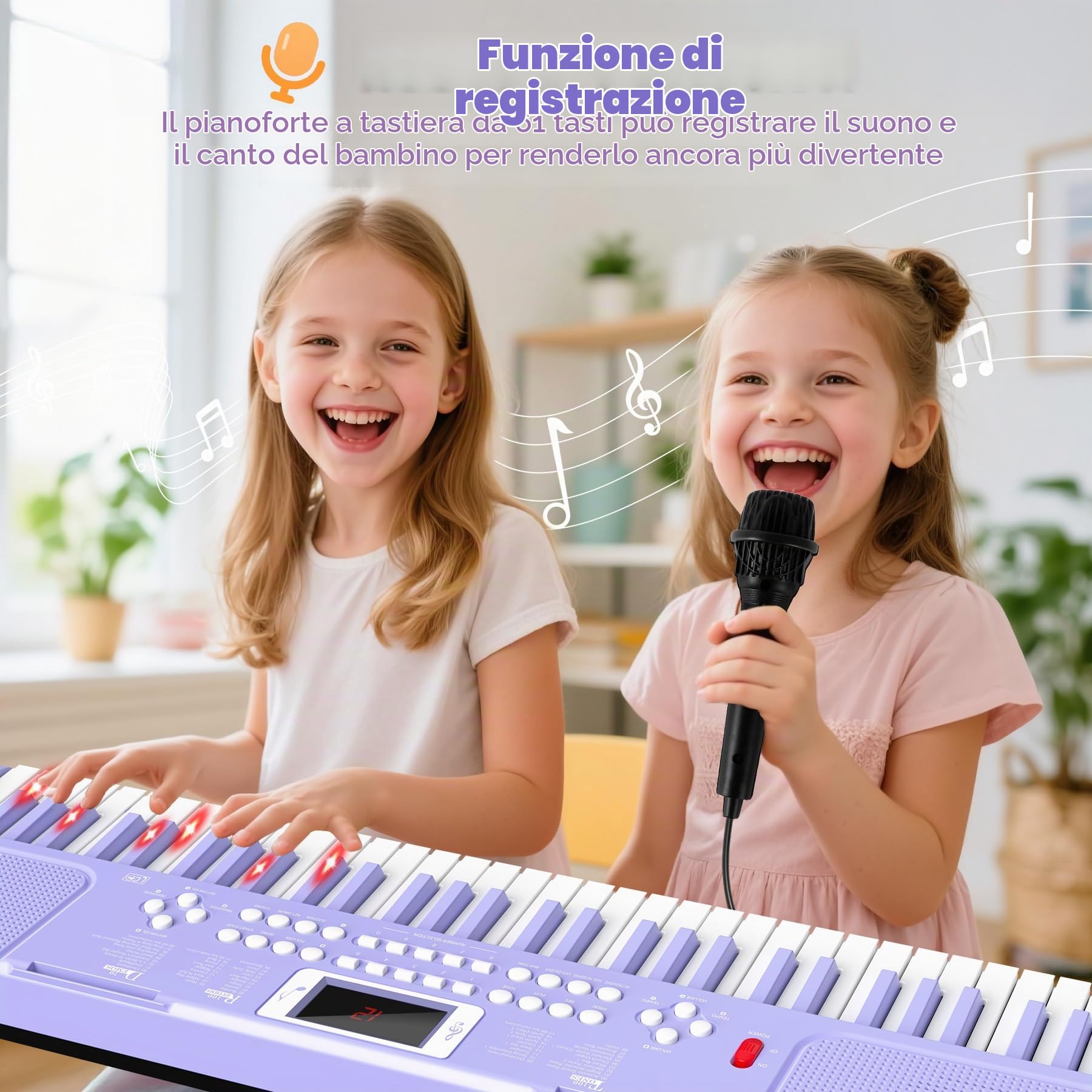 Pianola Tastiera Bambini, Elettronica Portatile 61 Tasti con Tasti Luminosi | Giocattolo Musicale Educativo per l’Apprendimento Precoce con Leggio e Microfono, per Principianti 3 4 5 6 7 8 Anni, Viola