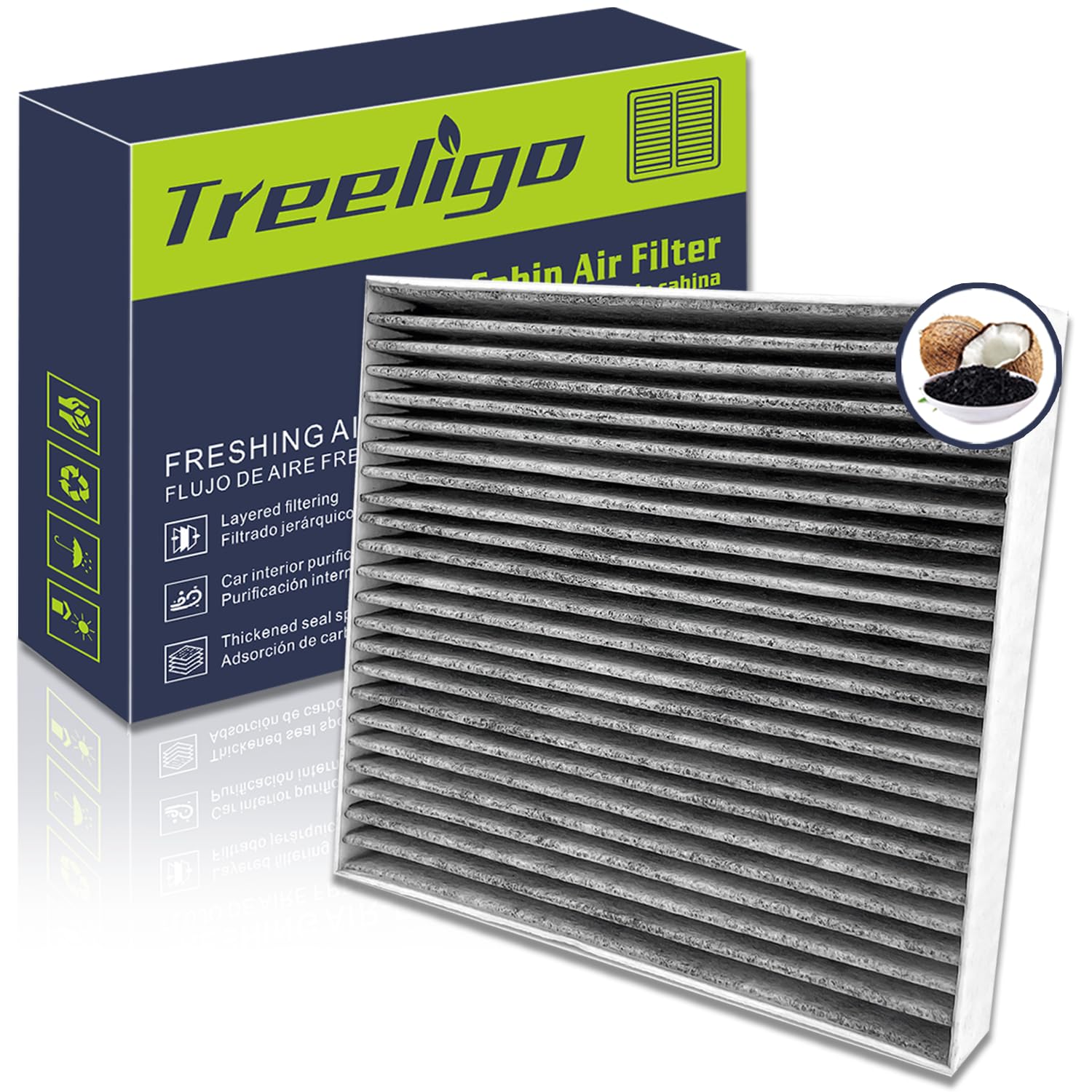 Treeligo CF10285 Cabin Air Filter, Replacement for Camry 2007-2017 Corolla 2009-2019 Rav4 2006-2018 4Runner 2010-2023 Avalon Prius Tundra Highlander ES300H, w/Upgraded Coconut Shell Activated Carbon