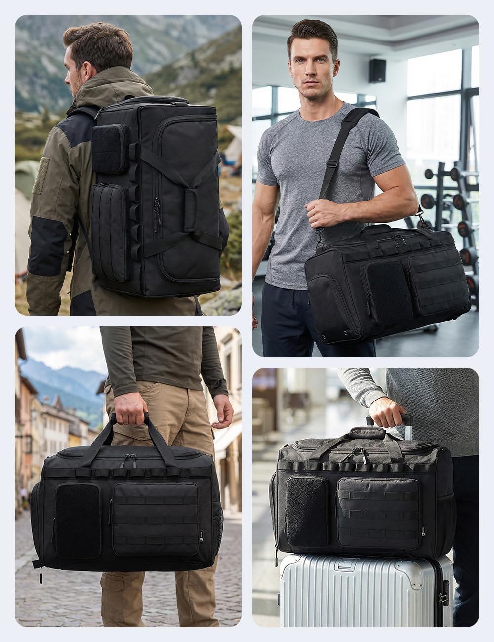 Tactical Gym Bag for Men 50L Sports Duffel Bags 3 in 1 Travel Duffel Bag with Shoe Compartment Workout Backpack Carry on Luggage 22x14x9 Airline Approved for Overnight Weekender Travel Black