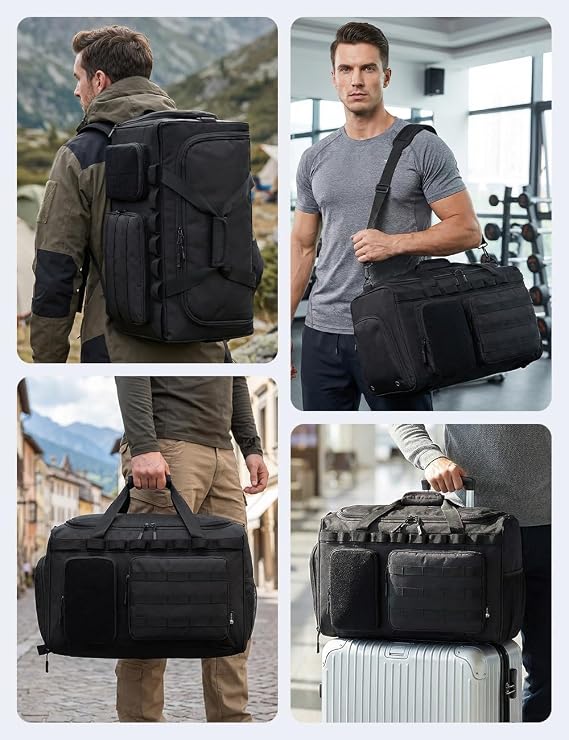 Tactical Gym Bag for Men 50L Sports Duffel Bags 3 in 1 Travel Duffel Bag with Shoe Compartment Workout Backpack Carry on Luggage 22x14x9 Airline Approved for Overnight Weekender Travel Black