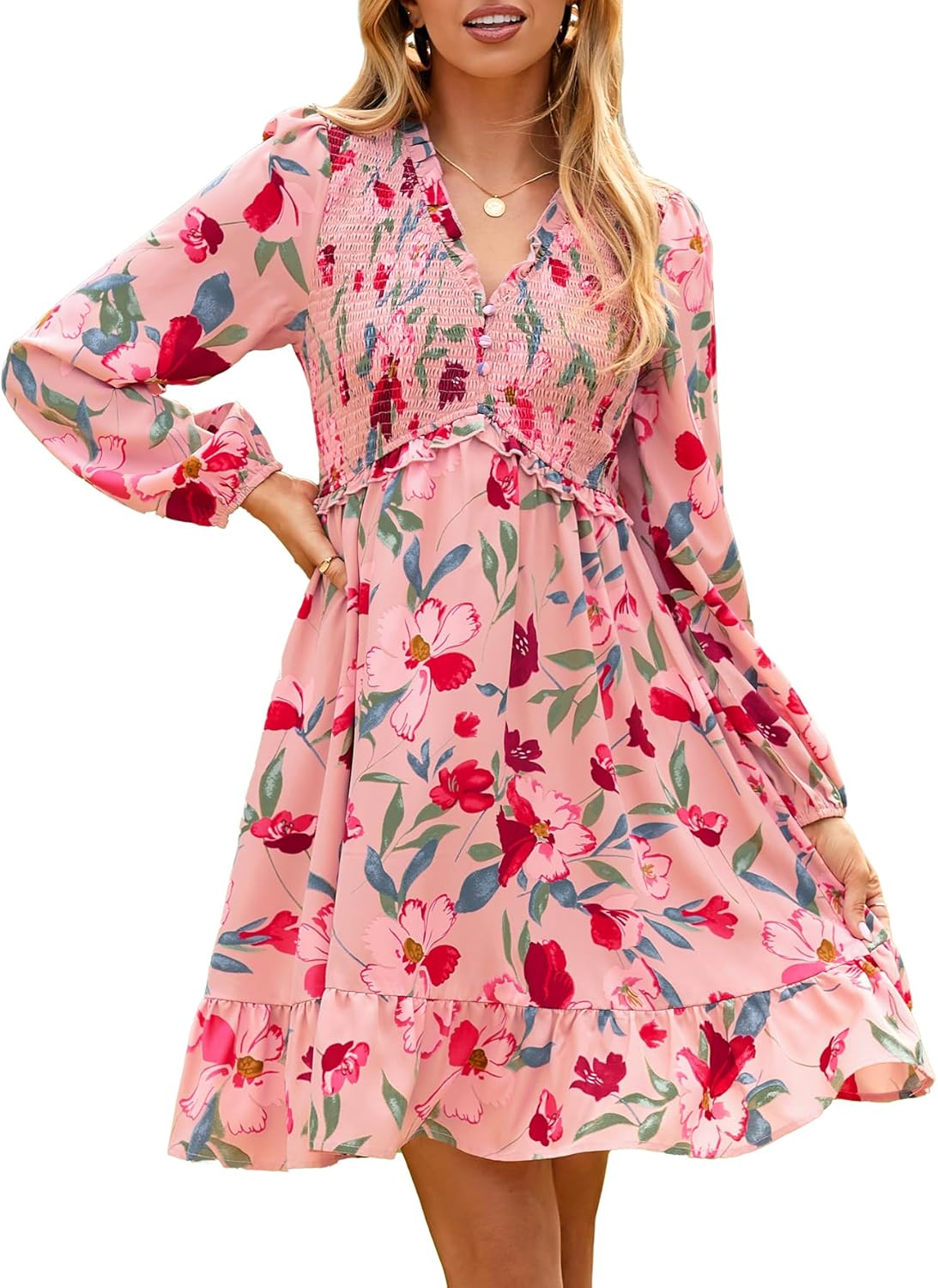 Simplee Womens 2025 Long Sleeve Babydoll Mini Dress Smocked Floral Fall Flowy Casual Short Dresses with Pockets