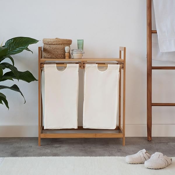 Lumaland Cesto per il bucato in bambù con 2 sacchi per il bucato estensibili | Dimensioni circa 73 cm di altezza x 64 cm di larghezza x 33 cm di profondità [Bianco] - 4