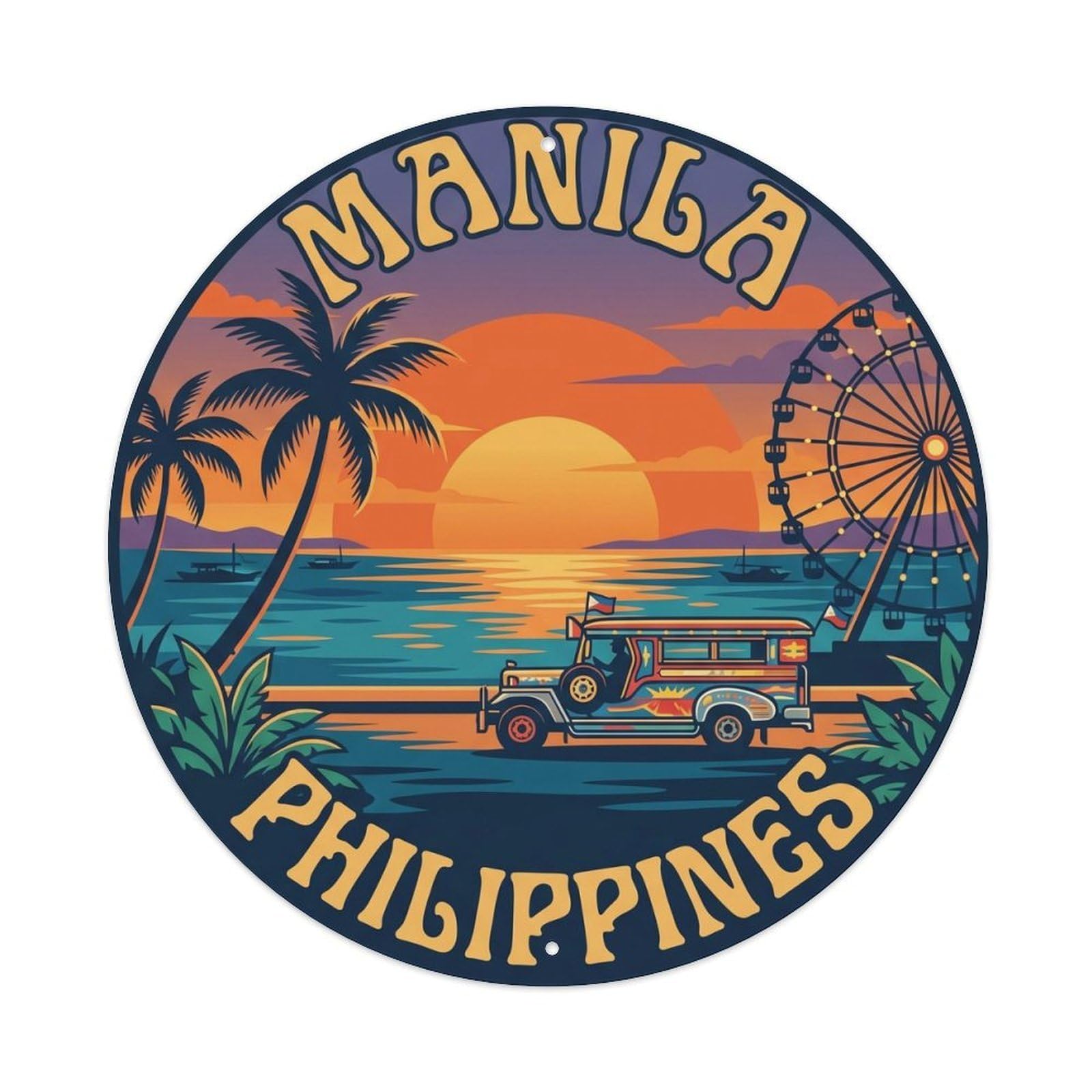 Vintage Travel Manila Philippines Bay Sunset Vintage Metal Tin Sign Plaque Wall Decor for Cafe, Club Bar, Office, Garden Metal Poster 8x8Inch