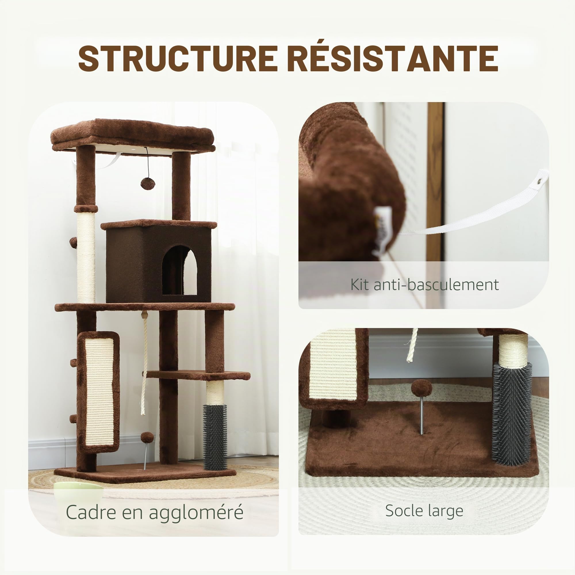 PawHut Arbre à griffer 132 cm avec Plateformes Marron