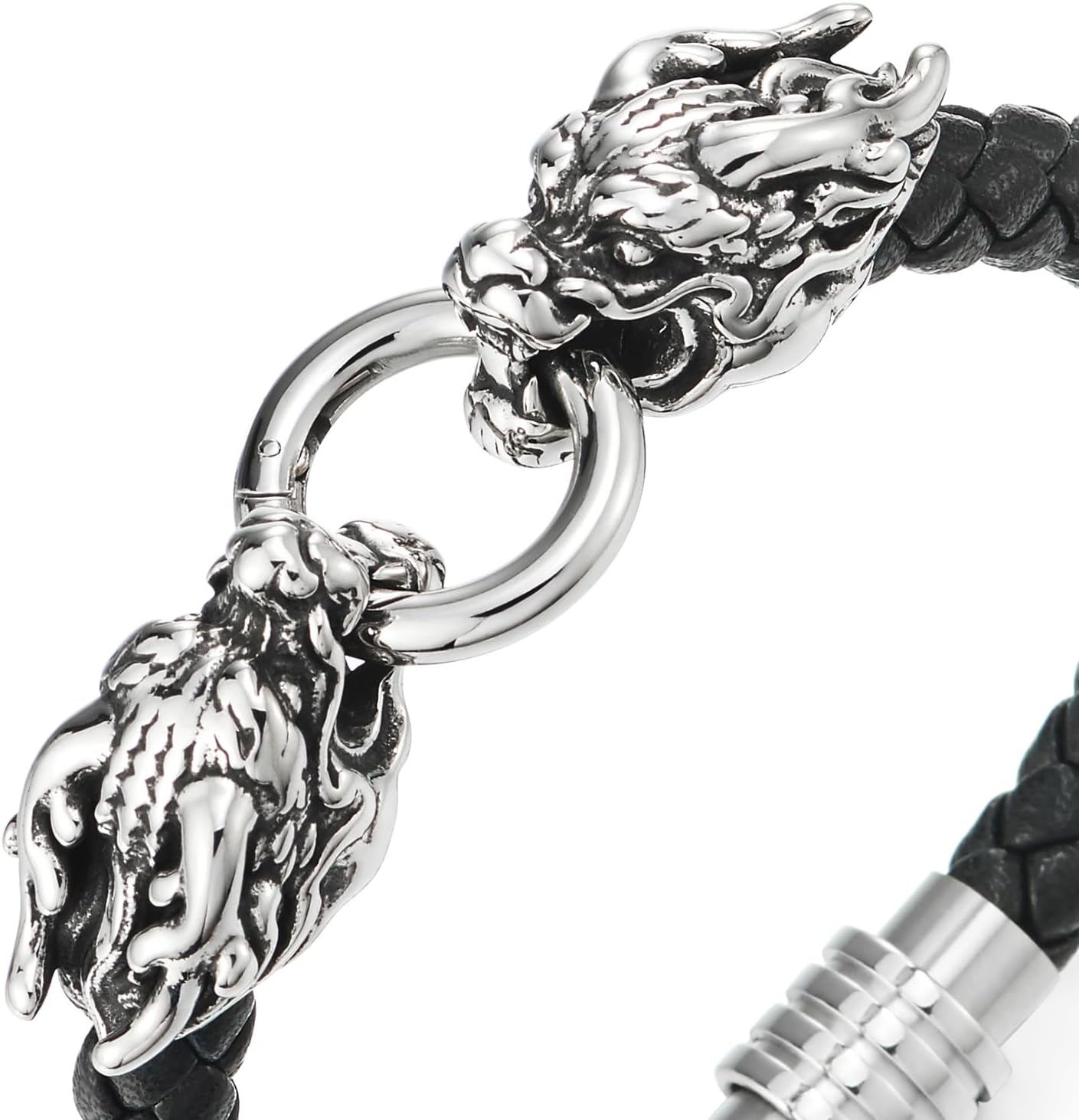 Dragon Leather Bracelet, Mens Steel Braided Leather Bangle Wristband with Two Dragon Head and Ring - Image 3