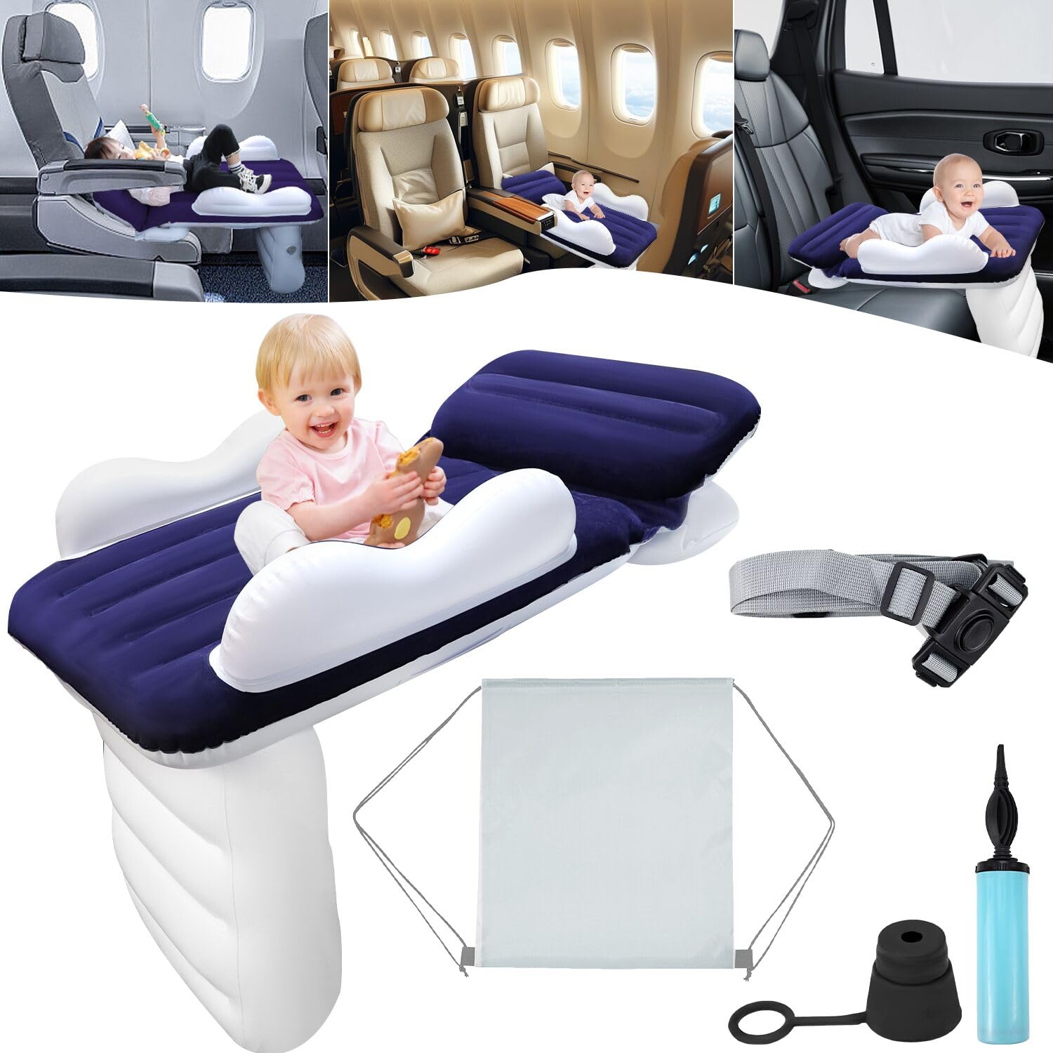 Abnaok Inflatable Kid Airplane Bed, Portable Toddler Bed for Travel?Air Bed for Airplane Travel Kids, Inflatable Toddler Travel Bed with Pump,Seat Belt and Travel Bag