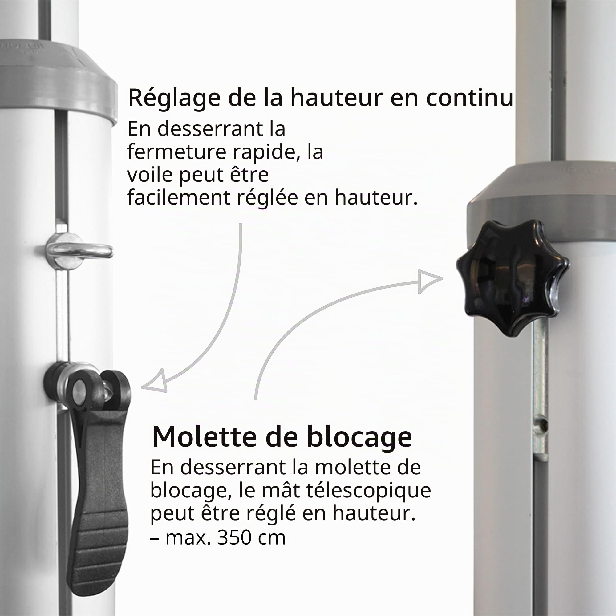 Voile d'ombrage mât 2 pièces en aluminium télescopique de 2 m à 3,5 m extensible en continu avec réglage en hauteur en continu - Accessoires pour voile d'ombrage