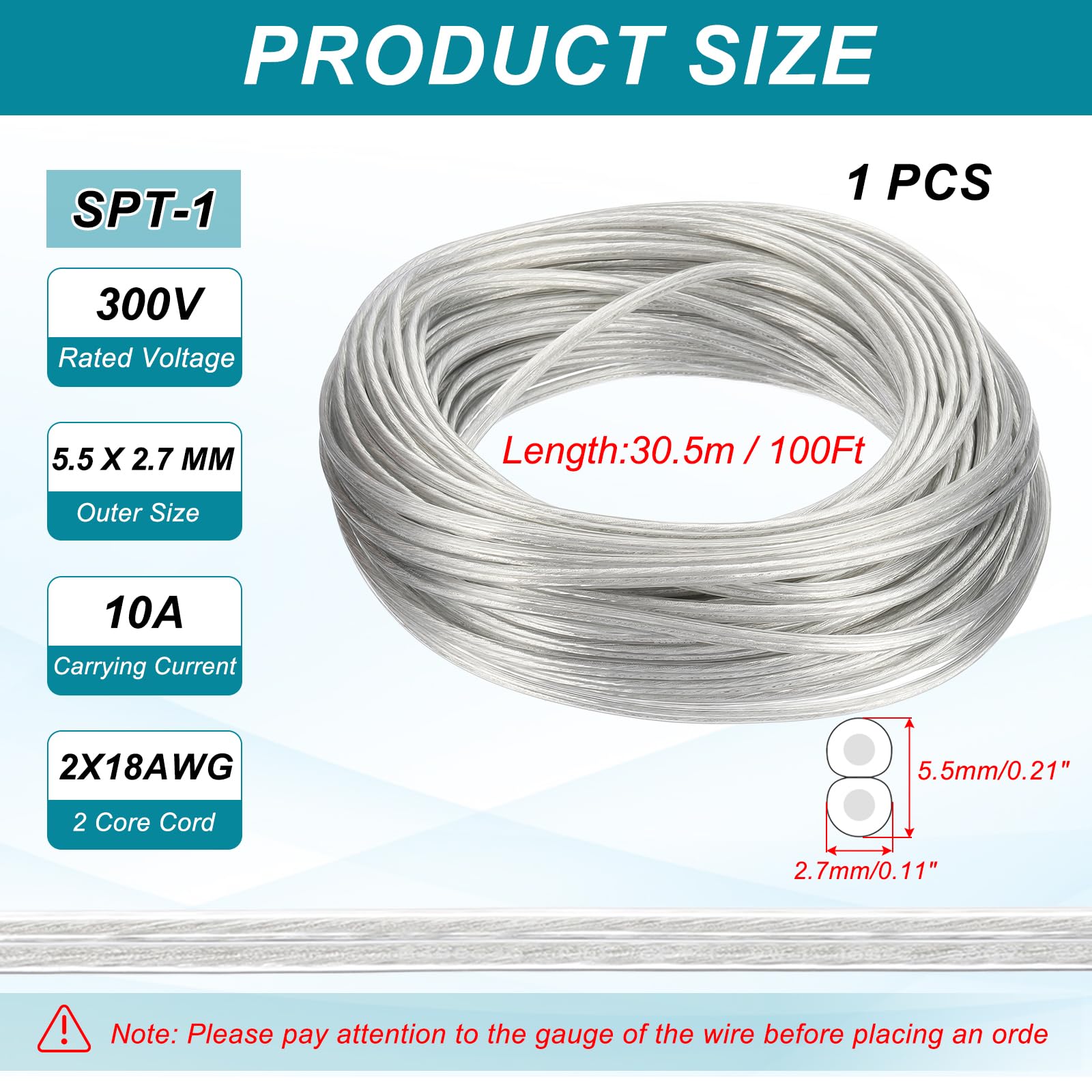PATIKIL 100 Pies Cable Cubierto De PVC 18/2 Transparente Certificado UL