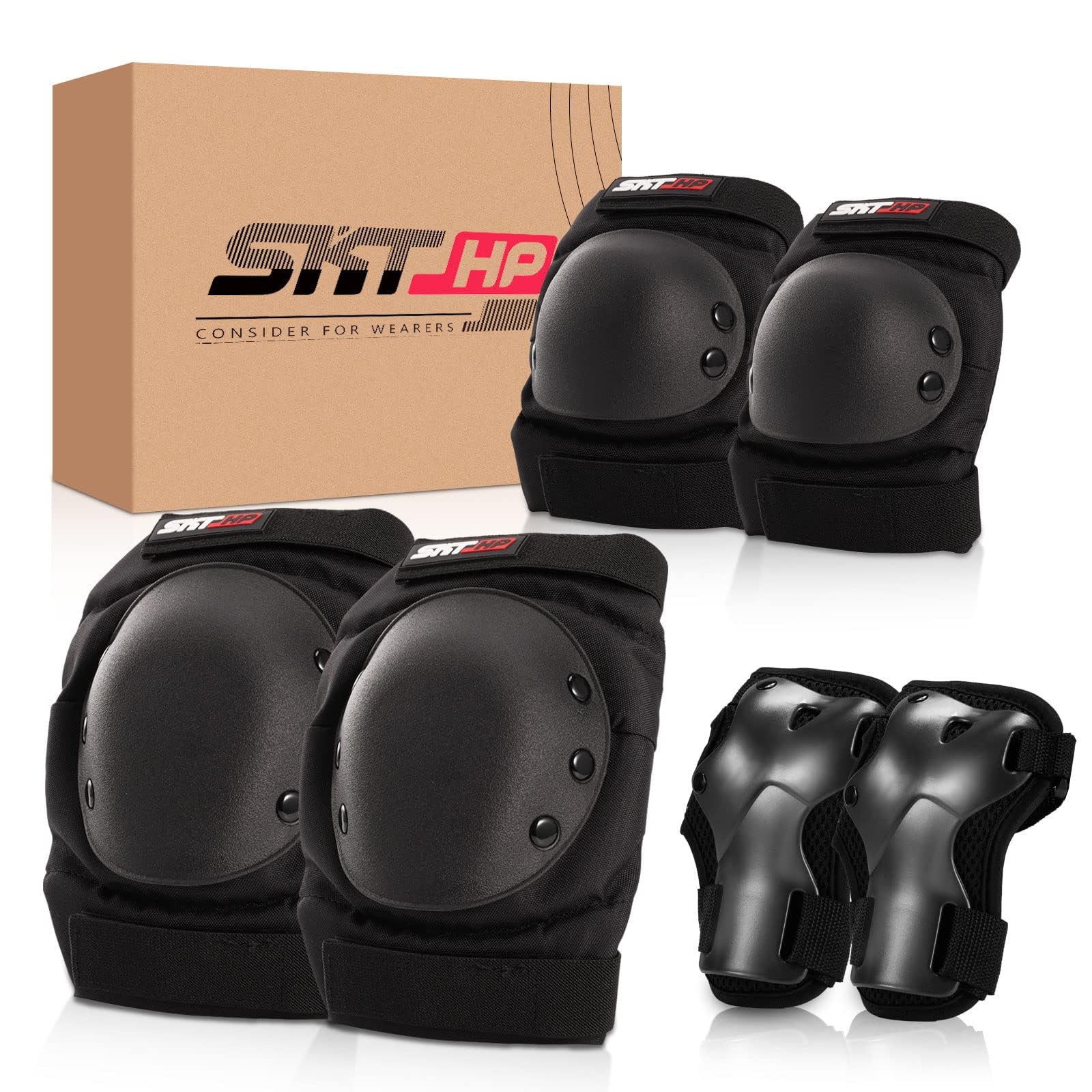Rodilleras para patineta para adultos, rodilleras para mujeres, hombres, jóvenes, muñequeras para patinaje sobre ruedas, color negro