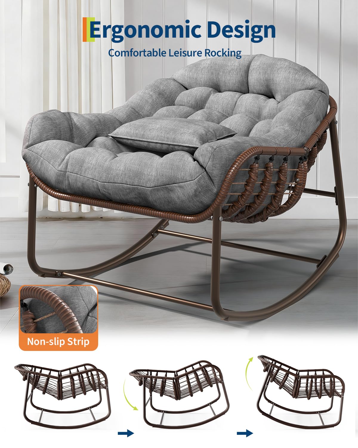 Ei-Schaukelstuhl Mit Rattan Und Polster, Schaukelsessel Mit Eisenrahmen Sitzhöhe 80cm, Gepolsterter Relaxsessel Für Wohnzimmer Balkon Garten Outdoor, Braun Pulverbeschichtet Dunkelgrau