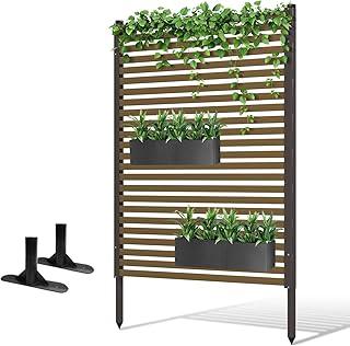 Privacy Screen Outdoor Freestanding with Base Feet,3.6ft×5ft Wood Grain PE-Coated Steel Fence Panels for Outside Garden Patio,Dark Brown