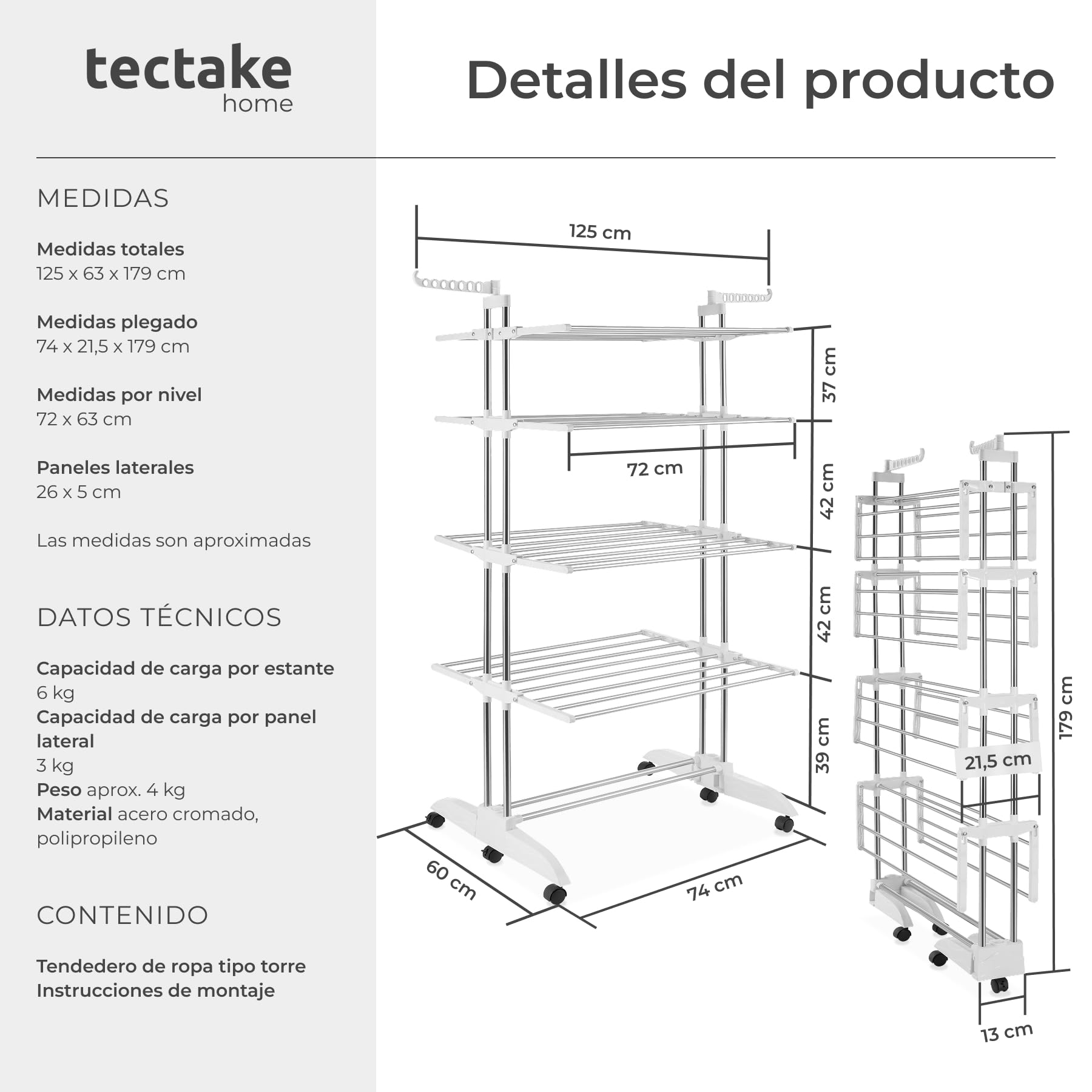 tectake® Tendedero de Torre 4 Pisos Plegable con Ruedas y Alas Abatibles
