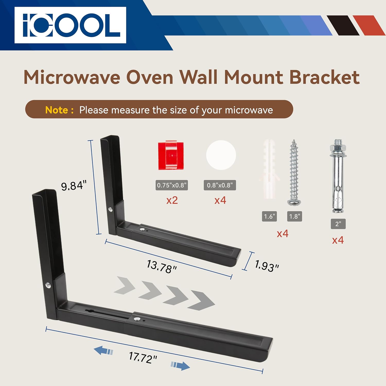 Universal Microwave Wall Mount with Fixed Accessories, Retrackable Foldable Microwave Oven Wall Mount Bracket, Saving Space, Black Powder-Coated Steel