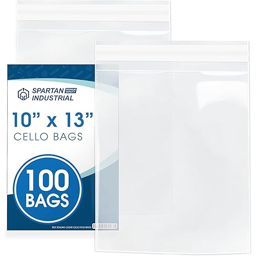 Spartan Industrial - 10" X 13" (100 Count) Crystal Clear Resealable Cello Poly Bags for Packaging, Clothing & T Shirts - Self Seal & Reinforced