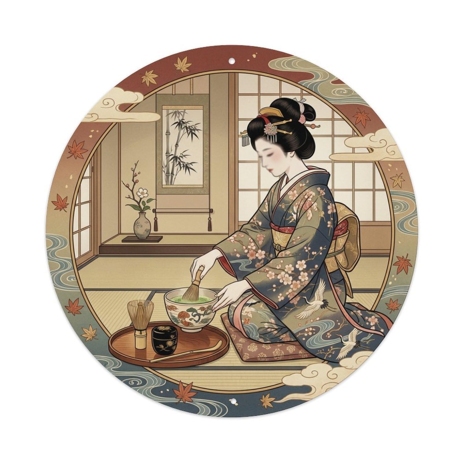 Galvaxio Style Japanese Kimono Woman Tea Ceremony Ritual Tranquility Metal Tin Sign