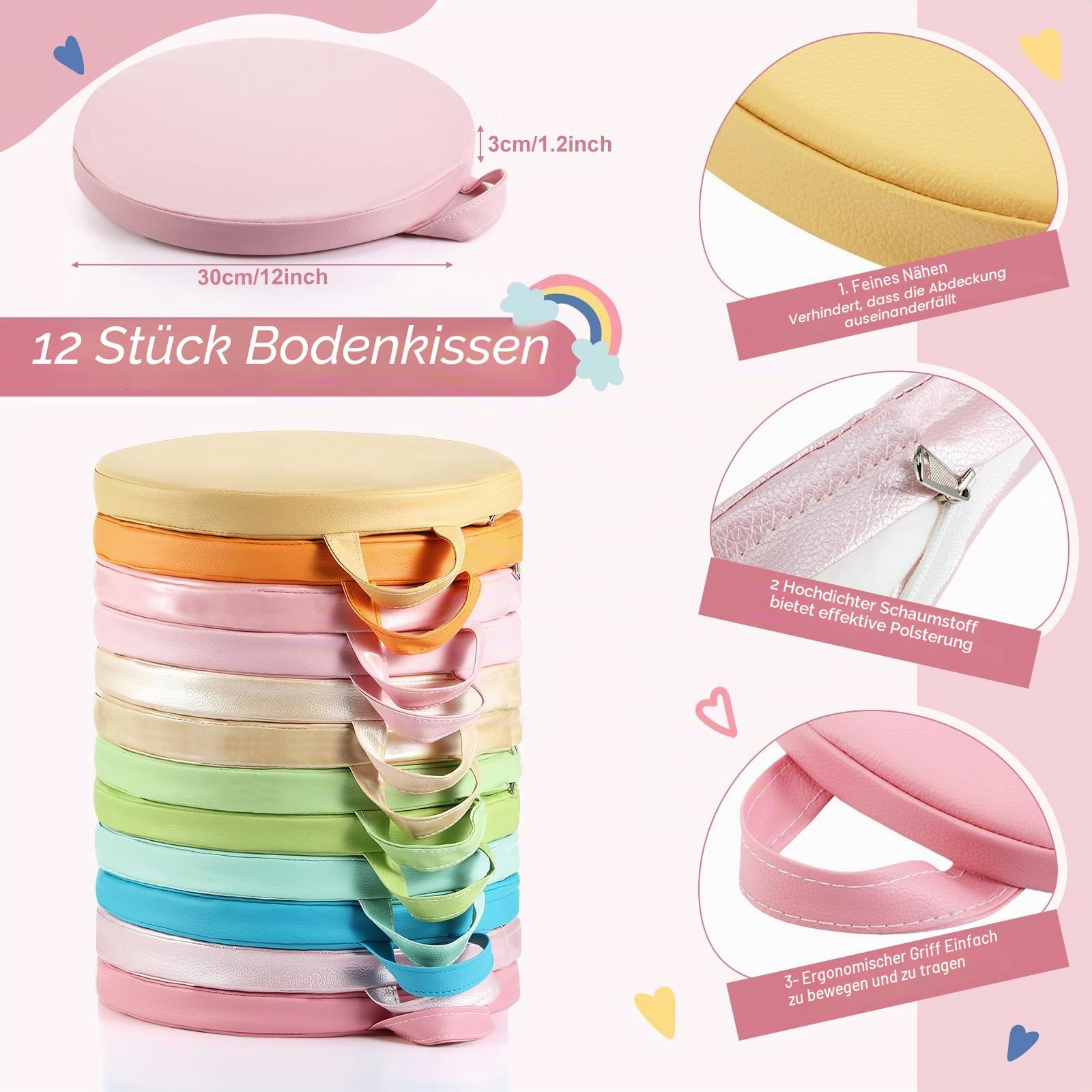 Sawysine Bodenkissen, flexibel, mit Griff, für Kinder, Zuhause, Schule, Klassenzimmer, Kindergarten, Kindergarten (Pastellfarbe, rund), 12 Stück