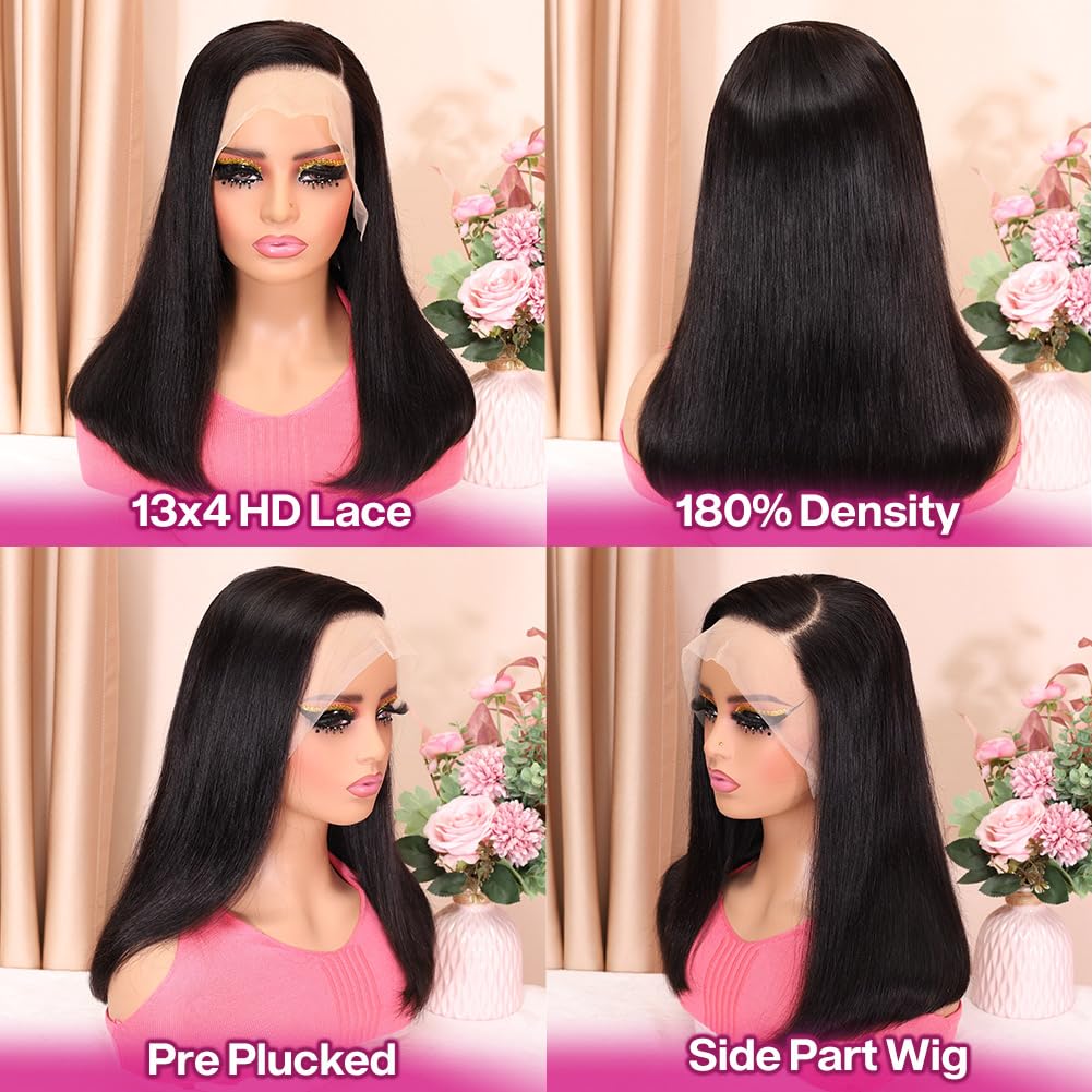 HUIWANYAN Bob Wig Human Hair 13x4 Frontal lace Wig Glueless Wigs Human Hair Pre Plucked Hd Lace Front Wigs Human Hair 180% Density Straight Short Bob Wigs For Black Women Natural Color 14 Inch - Image 4