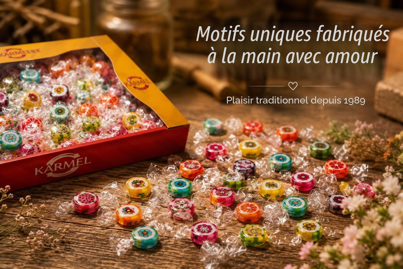 Bonbons fruités 1kg, bonbons durs aromatisés, fabriqués à la main dans des designs uniques, grande boîte de bonbons d'un petit producteur familial