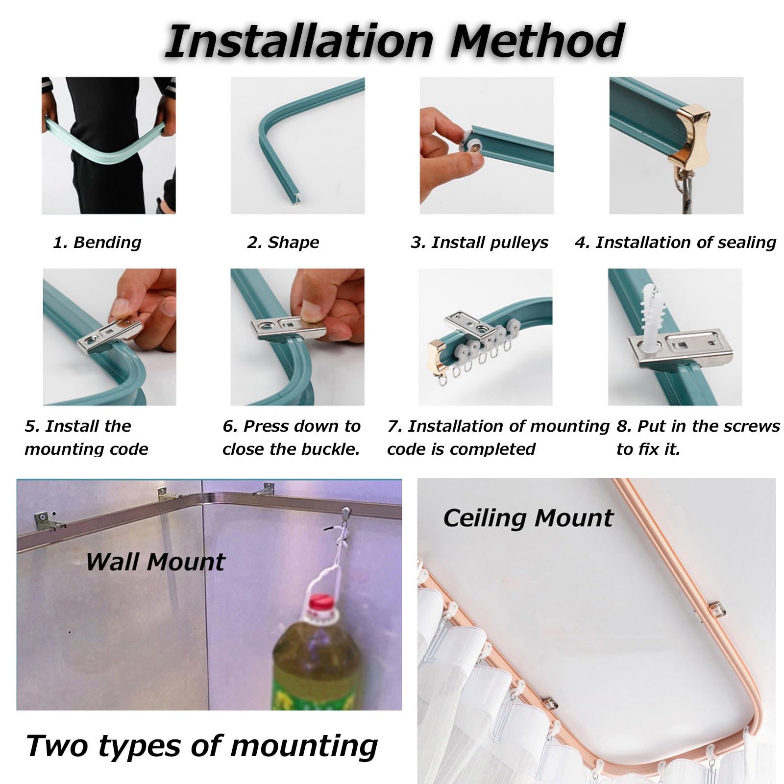 Barres de douche incurvées Ra100 660 cm réglables courbées/droites avec poulies multiples, idéales pour séparateurs de pièce L/U SD