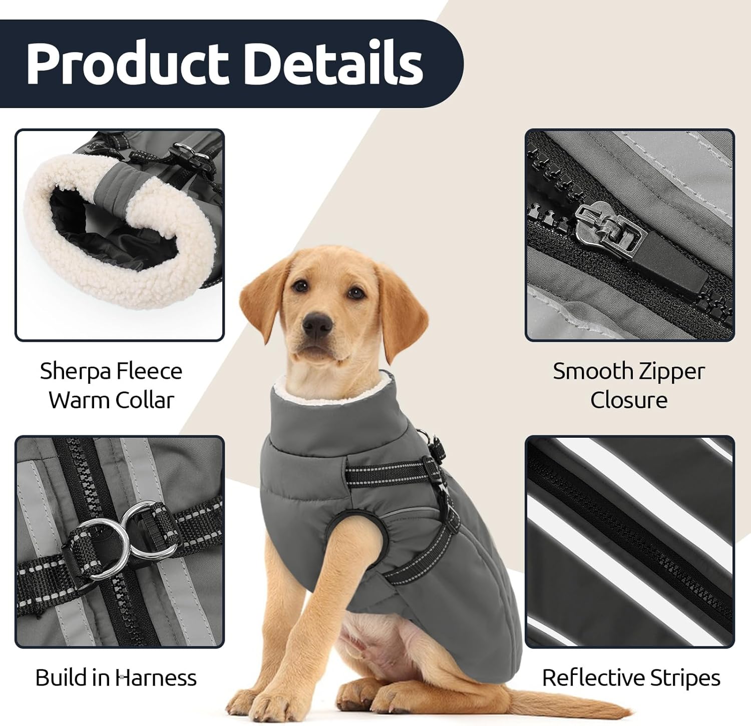Dog Winter Coat with Harness Built in Warm Puffer Dog Jackets for Small Medium Large Dogs Windproof Waterproof Outfit with Plush Lining and Reflective Stripes (Grey, 3XL)