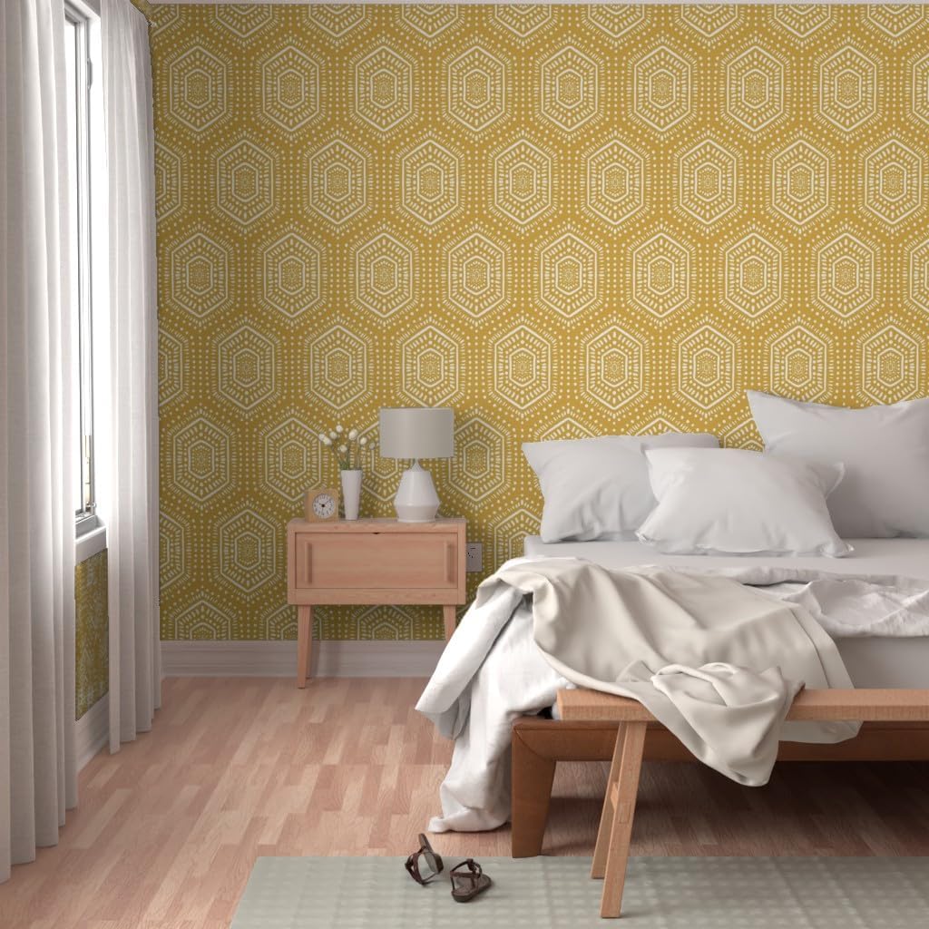 Spoonflower Peel & Stick Wallpaper Swatch - Boho Mustard Yellow Dots Paint Tribal Bohemian Hexago Custom Removable Wallpaper