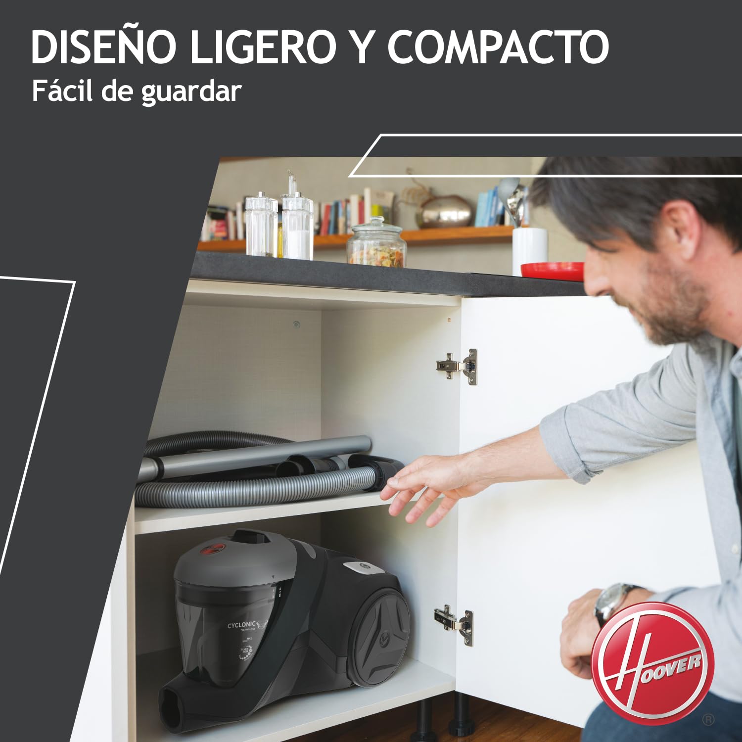 Hoover 39002259 H-Power 300 HP320PET, Aspiradora sin Bolsa Trineo, Tobera Turbo Pelo Mascotas y Tapicería, Compacta, Ciclónico, Selfdust Clean, 850W, Filtro Epa, 75dba, Cable 7 m, Negro, Depósito 2 l