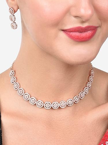 ZAVERI PEARLS Rose Gold Dazzling Cubic Zirconia Contemporary Necklace & Earring Set For Women-ZPFK15207