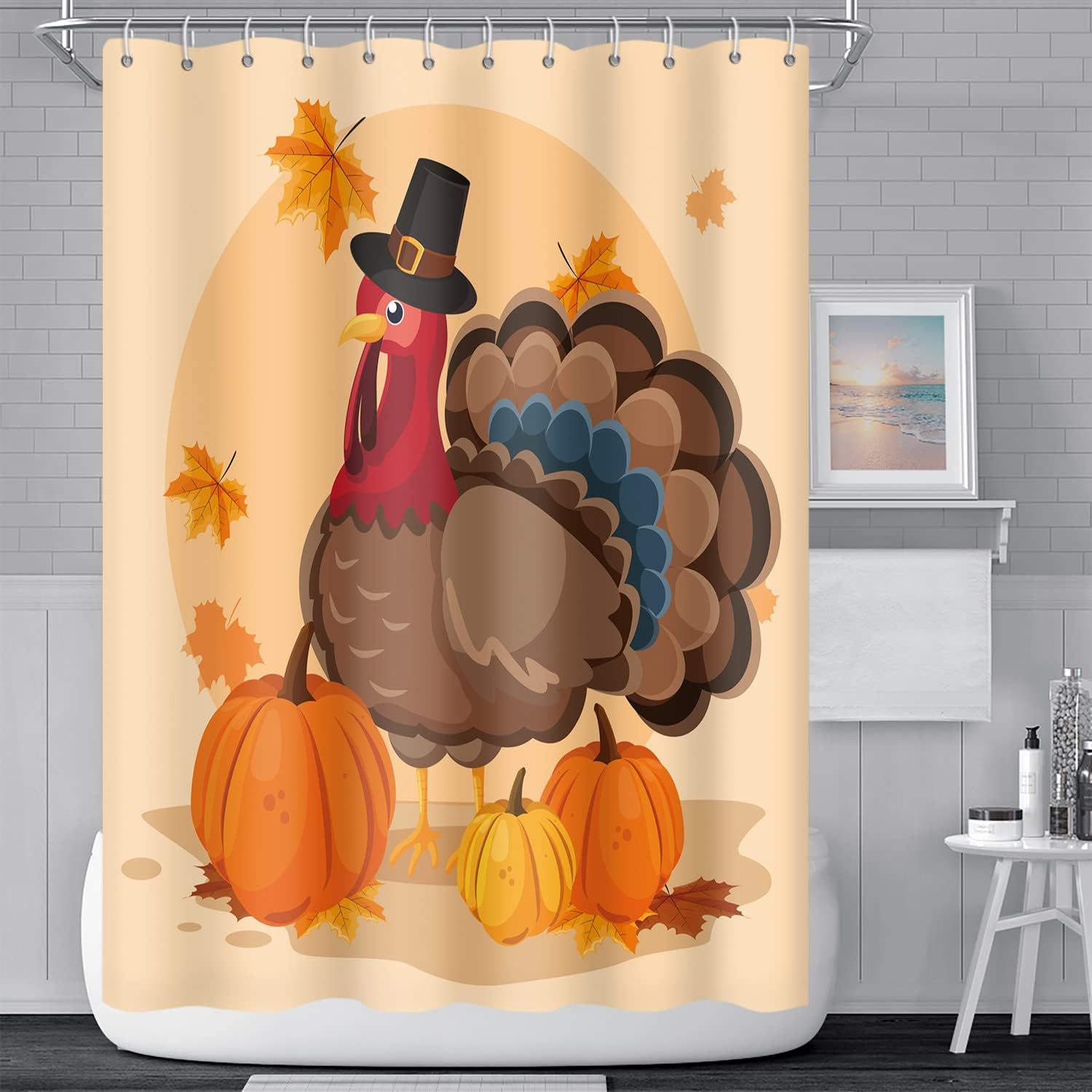 Thanksgiving Turkey Bathroom Shower Curtain Fall Harvest Pumpkin Maple Leaf Shower Curtain with Hooks Polyester Waterproof Fabric Home Bathtub Shower Curtain Decorative, 72x72 Inch