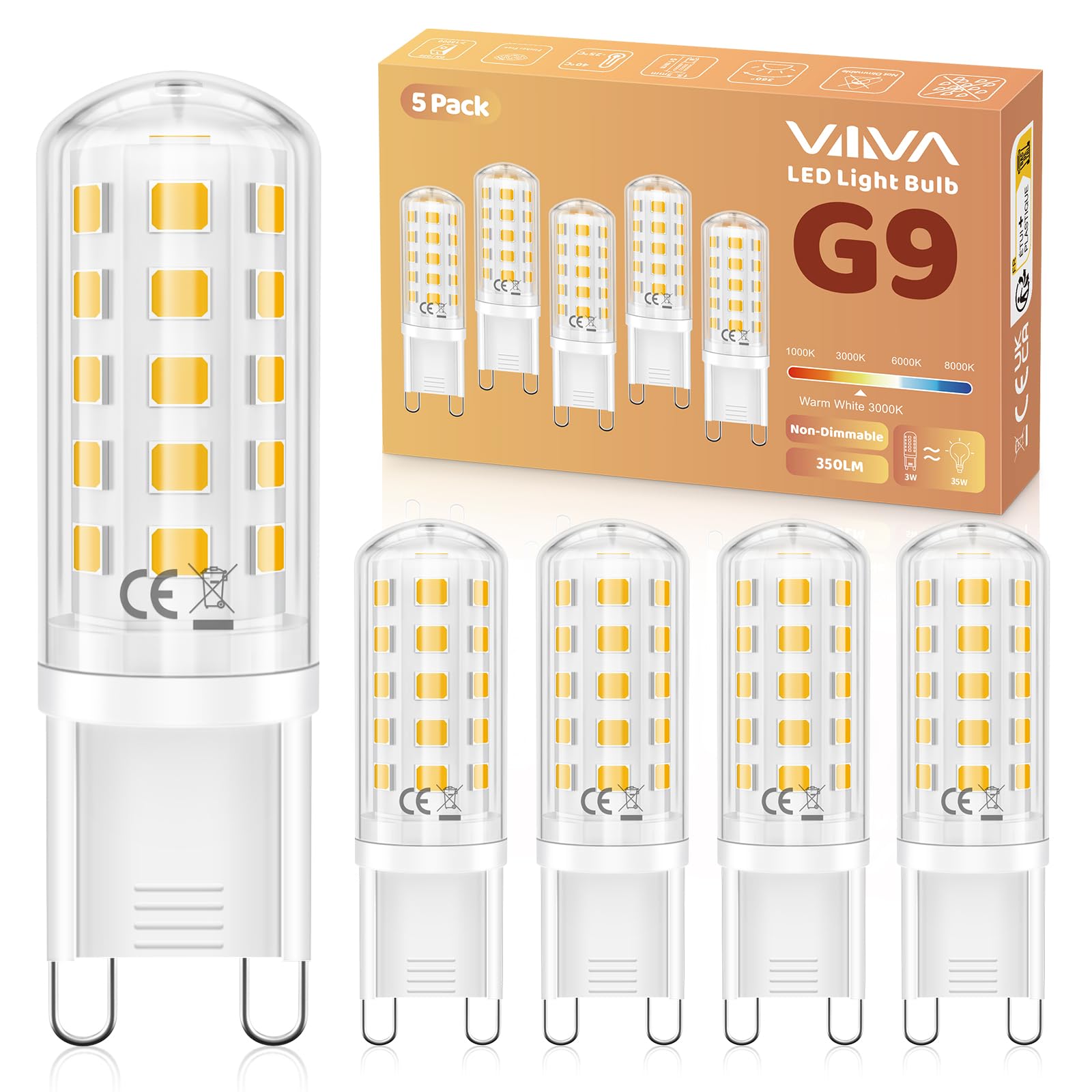 VIIIVA G9 LED Warmweiß 3000K 5W-5er Pack, LED Lampe, G9 Leuchtmittel 5W Ersatz Für Halogenlampe 45W, Glühbirne 500 Lumen, 360°Abstrahlwinkel, Nicht Dimmbar, Kein Flackern, Enegiesparende kleine Birne