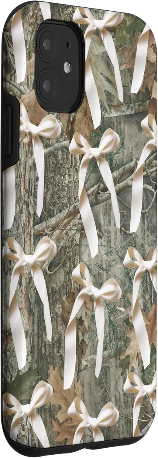 Aesthetic Camo White Bow And Ribbon Hunting Girl Women Case for iPhone 11