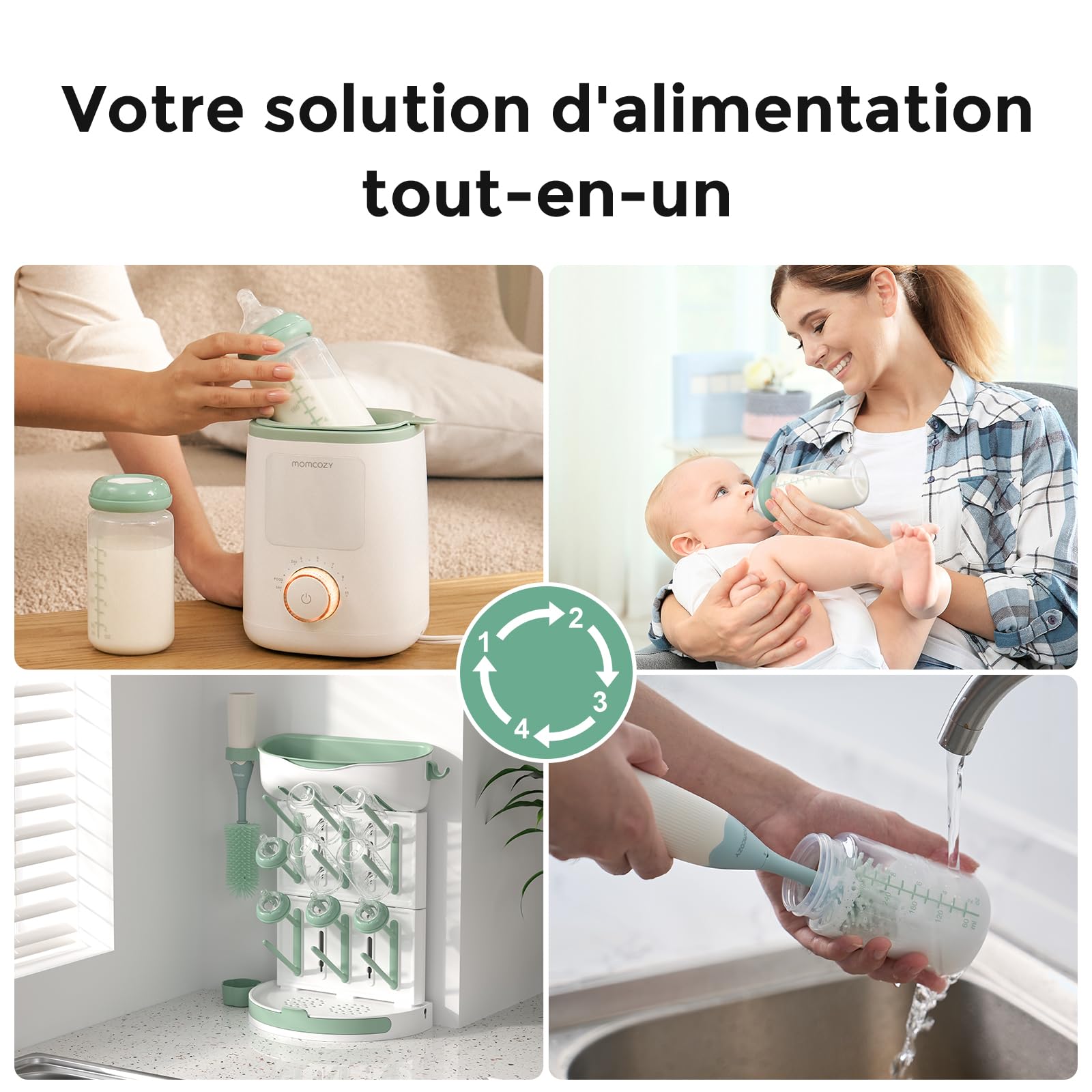 Momcozy Biberons de Stockage Lait Maternel (Lot de 4) 丨Biberon Ergonomique 325 ml丨Conservation Réfrigérateur/Congélateur丨Sans BPA丨Compatible Refroidisseurs Momcozy