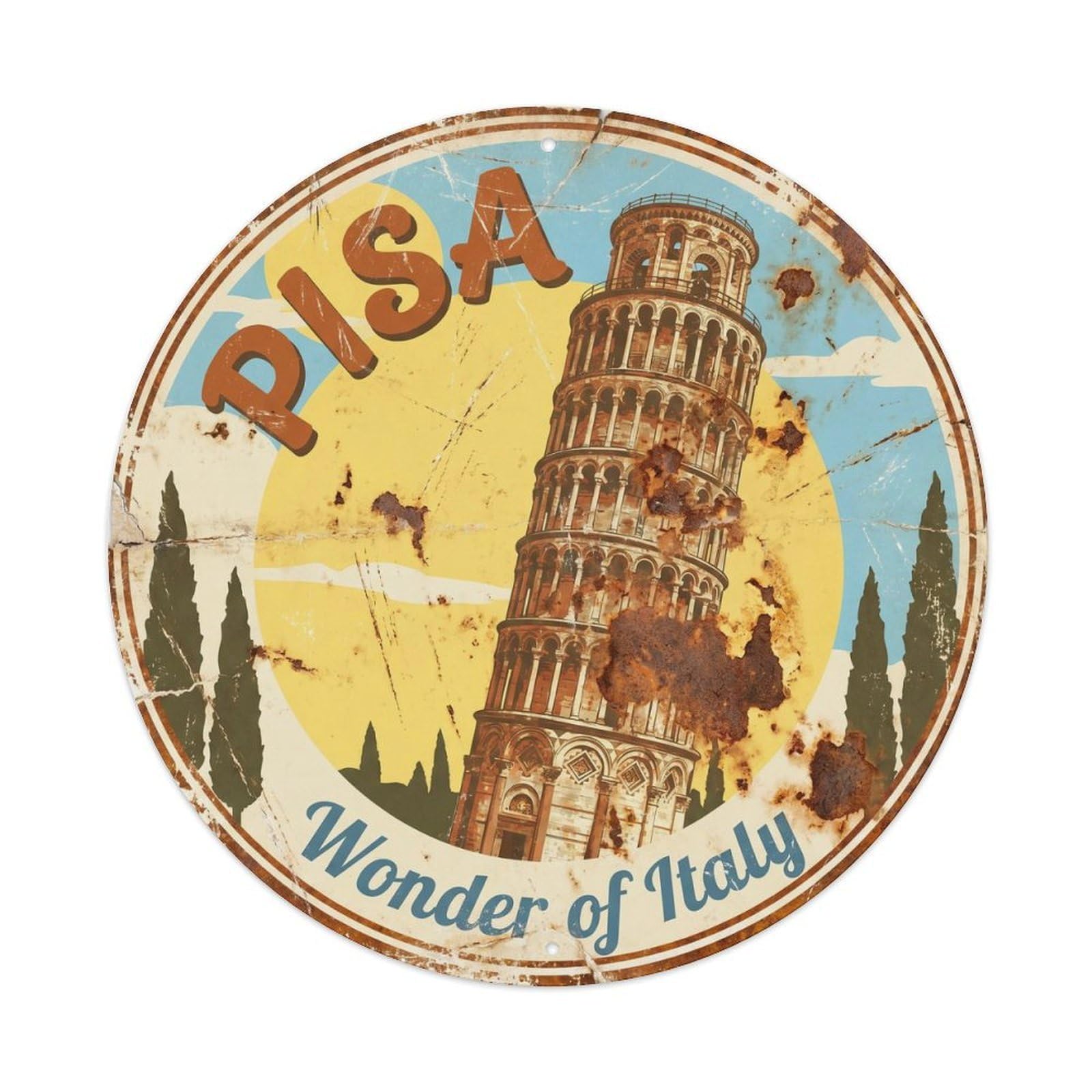 Vintage Travel Pisa Tower Iconic Metal Tin Sign Plaque Wall Decor for Cafe, Club, Garden Round Metal Poster 8x8Inch