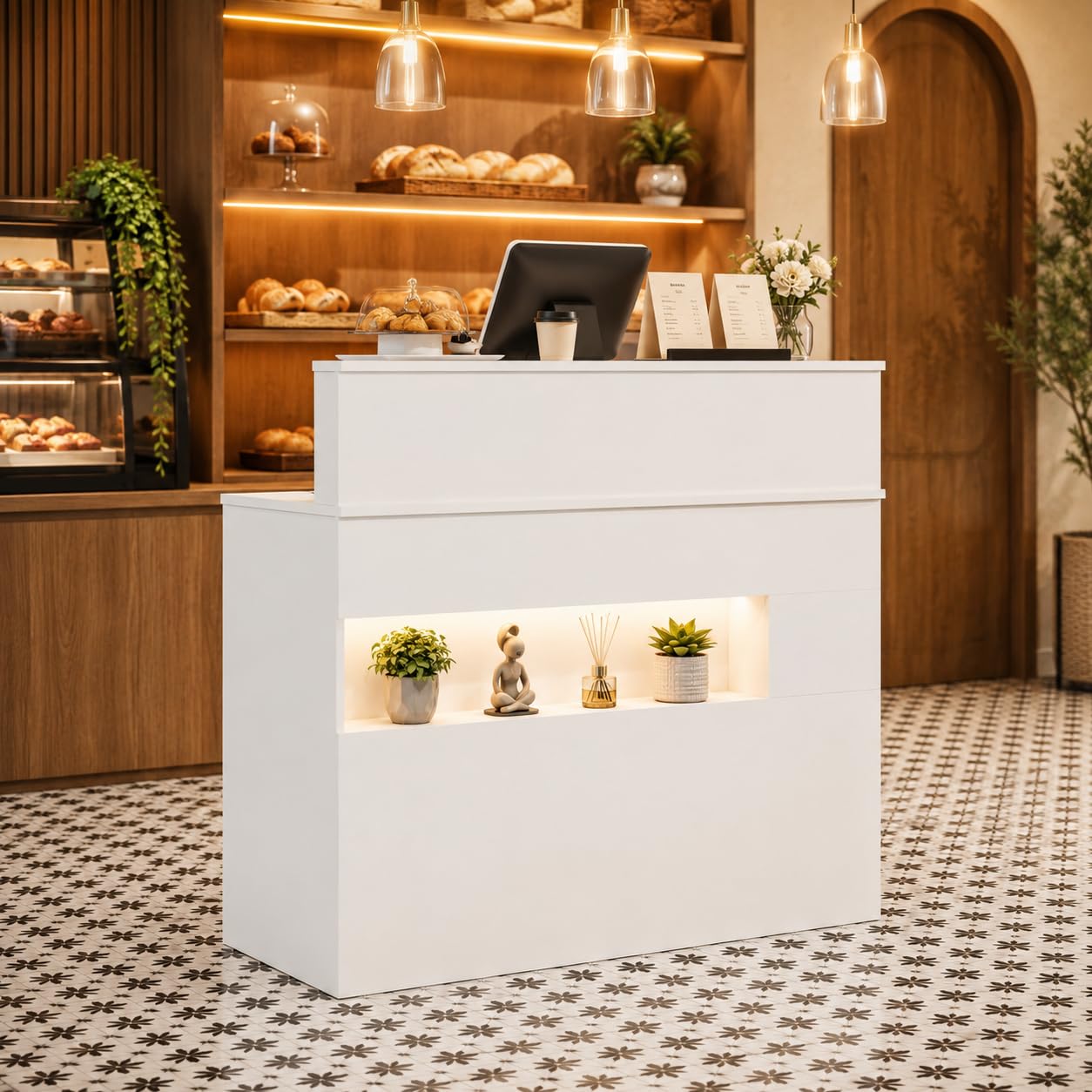 Banco di reception, banco di reception, banco di vendita, sala reception, sala di accoglienza, bancone da ufficio, con grande superficie di lavoro, bianco, legno, 100 cm x 120 cm x 50 cm