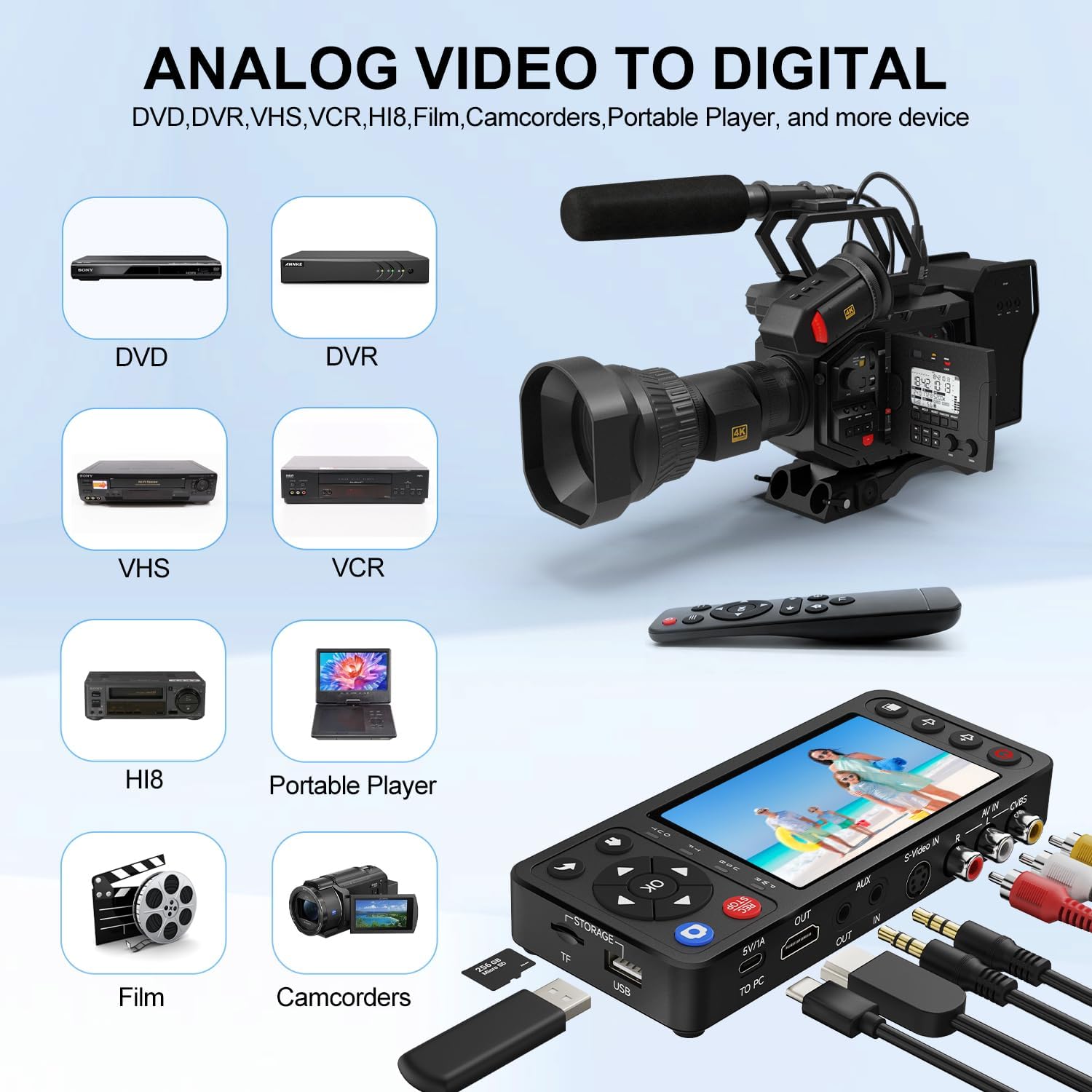 VHS to Digital Converter with 4" HD Screen, VCR to Digital Converter, USB & TF Storage, Compatible with VHS, VCR, DVR, DVD, Hi8, Mini DV, Camcorders(Tapes/Player Not Included)