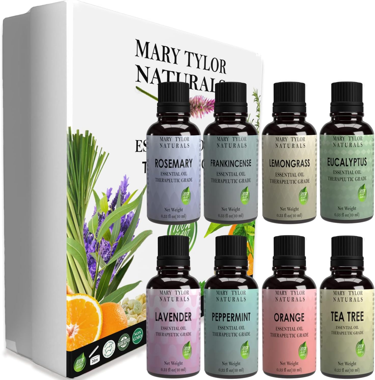 Essential Oils Set, Top 8 x 10 ml Each, Lavender Peppermint Orange Lemongrass Rosemary Eucalyptus Tea Tree Frankincense Therapeutic Grade, for Aromatherapy, Diffuser, DIY by Mary Tylor Naturals