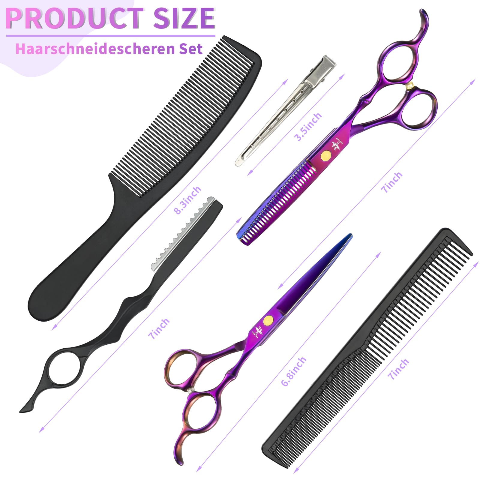 PURPLEBIRD Haarschneideschere, Profi Haarschere Friseurschere Set aus Edelstahl Haarschneideschere und Effilierschere für Barbier/Friseur/Anfänger 10 Stück (Lila)