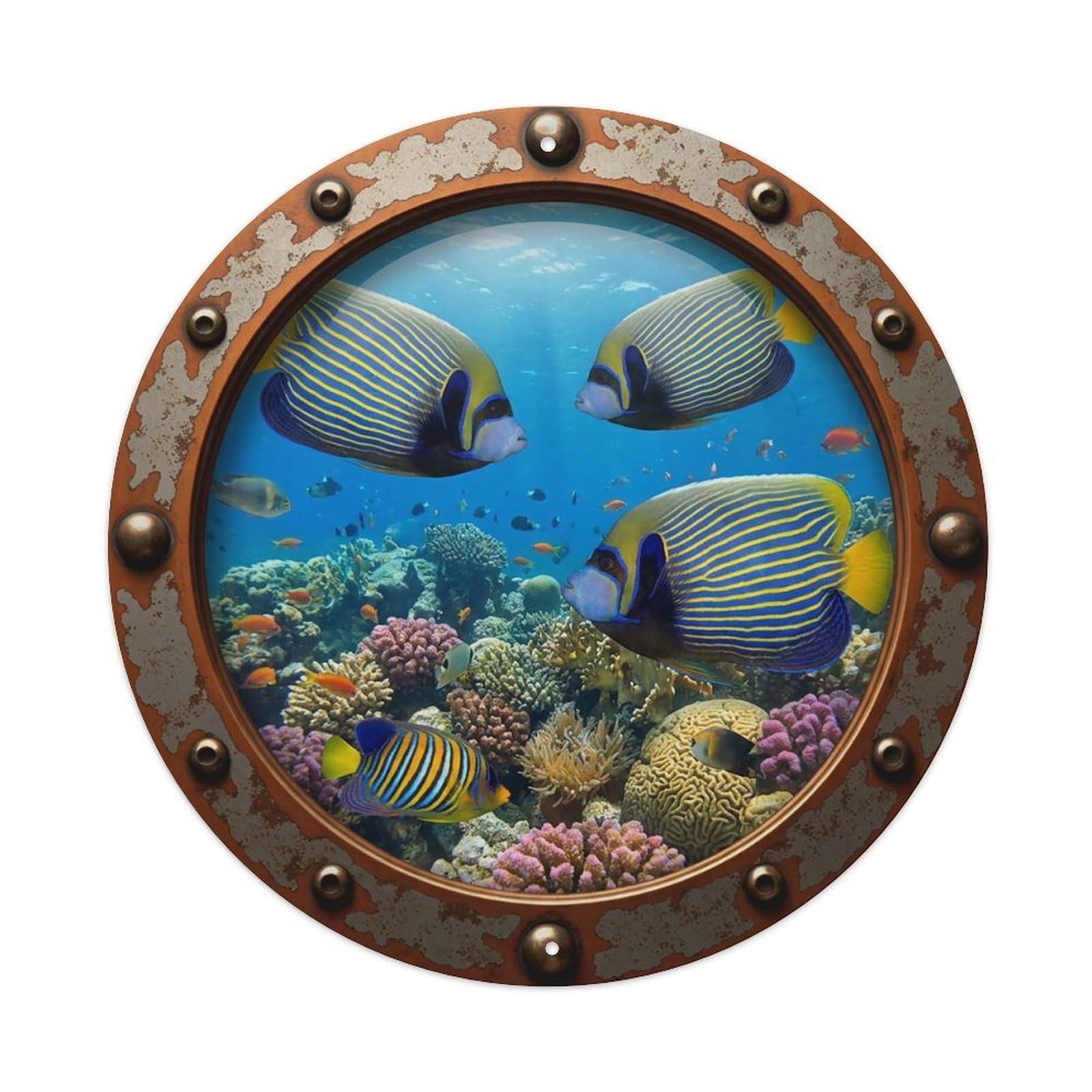 Vintage Porthole Angelfish Nautical Window View Vintage Metal Tin Sign Plaque Wall Decor for Cafe, Club Bar, Office, Garden Metal Poster 8x8Inch