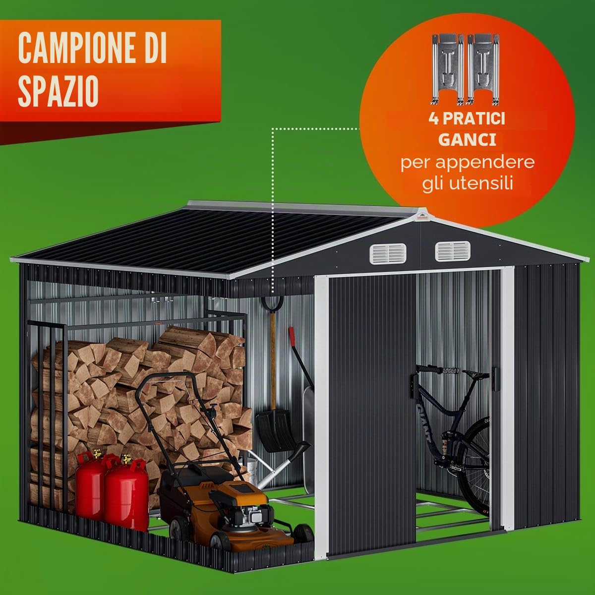 GARDEBRUK® Casetta per Attrezzi da Giardino XXL in Metallo 5m² con Base 257x205x178cm Porta Scorrevole Capanno Antracite con Tetto Prese d´Aria Capannone Rimessa da Esterno 9m³