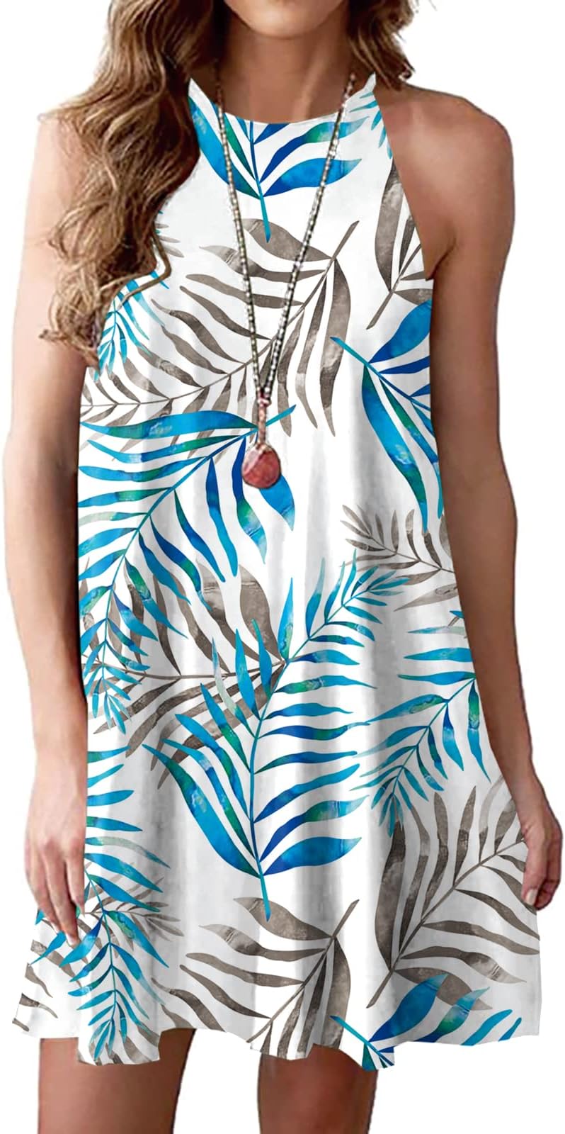 MITILLY Women's Halter Neck Boho Floral Print Loose Casual Sleeveless Short Dress