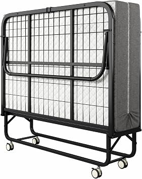 Folding Bed with Mattress, 45" x 75" Twin XL Size Rollaway Bed for Adults, Metal Frame Foldable Guest Bed with Memory Foam Mattress,Deluxe Double Beds with Side Storage Pocket