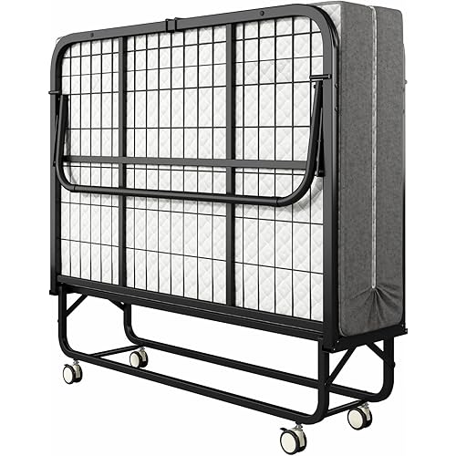 Folding Bed with Mattress for Adults, 75" x 45" Portable Twin XL Size Rollaway Bed, Metal Frame Foldable Guest Bed with Memory Foam Mattress,Deluxe Extra Beds with Side Storage Pocket