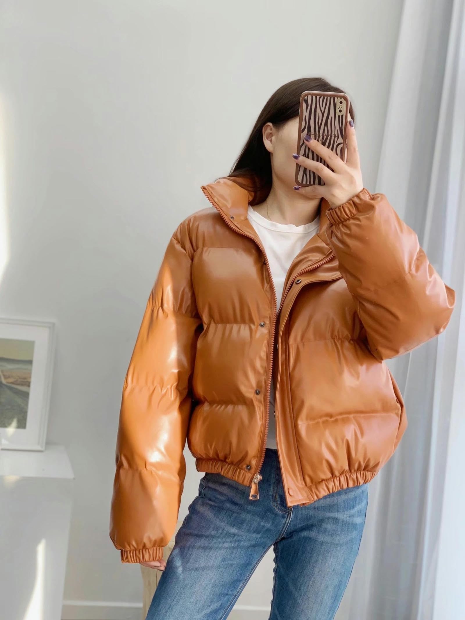Chaqueta de algodón suelta con cuello alto para chicas calientes chaqueta de cuero de PU cálida gruesa