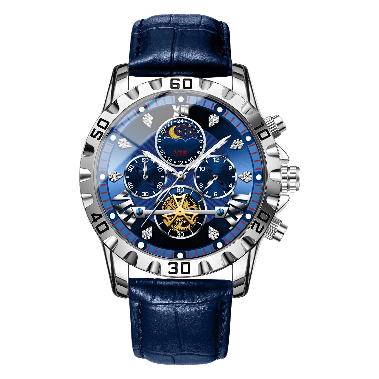 Orologio Meccanico Automatico Da Uomo – Cronografo Sportivo Militare Classico | Quadrante Analogico Luminoso Impermeabile Con Fasi Lunari, Cinturino In Pelle PU Orologio Da Polso Da Lavoro Per Escursi