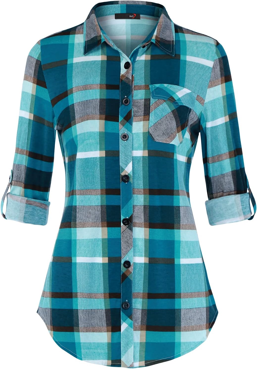 DJT Womens Button Down Shirts Fall Tops Soft Knitted Stretchy Roll Up Long Sleeve Dressy Casual Shirt Work Blouse Top